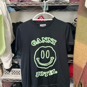 Ganni Black Tee with Neon Green Graphic